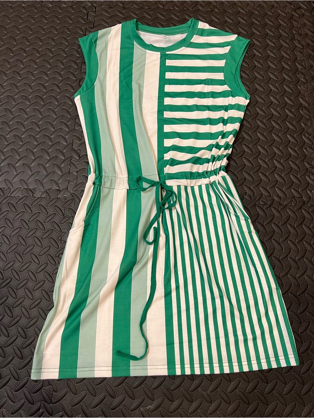 Green and White Striped Sleeveless Tie-Waist Dress